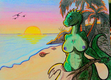 anthro beach big_breasts breasts female solo sunset tail elangelote aquatic arthropod horseshoe_crab iguana iguanid lizard reptile scalie absurd_res hi_res