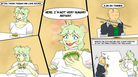 anthro bald biped blue_eyes bodily_fluids cafe choker clothed clothed_anthro clothed_female clothed_human clothed_male clothing dialogue duo eating eyes_closed female fingers food green_body green_clothing green_hair green_scales green_shirt green_topwear grey_clothing grey_jacket grey_topwear hair hair_bun holding_food holding_object humanoid_hands inside jacket jewelry long_hair looking_at_another male male/female necklace nervous open_clothing open_jacket open_mouth open_topwear sandwich_(food) scales sharing shirt sitting speech_bubble sweat sweatdrop talking_to_another text thinking topwear twin_buns white_clothing white_shirt white_topwear fuegosonic93 cavemanon_studios goodbye_volcano_high ko_op_(game_developer) snoot_game anon_(snoot_game) stella_(gvh_beta) dinosaur human mammal ornithischian prehistoric_species reptile scalie stegosaurian stegosaurus thyreophoran 16:9 4k absurd_res colored comic english_text hi_res widescreen