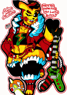 3_toes 4_fingers alternative_fashion anthro anthrofied belly belt biped black_hair bottomwear breasts brown_eyes chain claws cleft_tail clothed clothing collar cosplay_pikachu_(costume) costume electric_guitar eyebrows feet female fingerless_gloves fingers footwear fur gloves grin guitar hair handwear jacket leather leather_clothing leather_jacket leather_topwear leggings legwear mask musical_instrument paws plucked_string_instrument pokemorph profanity punk red_hair rocker sharp_teeth shirt shoes shorts shortstack shortstack_female skimpy slightly_chubby smile smirk smug solo speech_bubble stockings string_instrument tail tank_top teeth text thick_thighs toes topwear wallet_chain wide_hips yellow_body yellow_fur thegrumpiestpanda_(artist) nintendo pokemon cosplay_pikachu_(character) pikachu_rock_star generation_1_pokemon mammal pikachu pokemon_(species) 2019 absurd_res english_text hi_res traditional_media_(artwork)