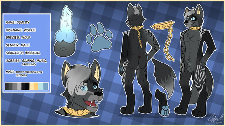 anatomically_correct anatomically_correct_genitalia anatomically_correct_penis animal_genitalia animal_penis anthro balls border bound canine_genitalia canine_penis chain chained collar digitigrade dualitywolfie fur genitals glowing glowing_genitalia glowing_penis hair knot knotted_penis male penis simple_background slim smile solo spiked_collar spikes striped_body stripes tail text yellow_border codyf0xx dualitywolfie_(character) canid canine canis mammal wolf 16:9 digital_media_(artwork) english_text hi_res model_sheet widescreen