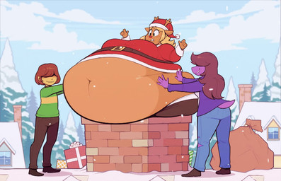anthro belly big_belly blue_sky bottomwear breasts cartoon_freckles clothing costume denim denim_bottomwear denim_clothing eyelashes female freckled_face freckles group hand_on_belly holidays huge_belly inflation jeans long_eyelashes male morbidly_obese morbidly_obese_anthro morbidly_obese_female obese obese_anthro obese_female outside overweight overweight_anthro overweight_female pants santa_costume sky stuck tail trio ridiculouscake christmas deltarune undertale_(series) kris_dreemurr noelle_holiday susie_(deltarune) deer human mammal new_world_deer reindeer 2023 animated no_sound short_playtime video
