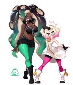 big_breasts boots bottomwear breasts clothing collarbone dark_body dark_skin dress duo eyebrows eyelashes female fingerless_gloves footwear gloves green_eyes handwear midriff navel navel_piercing piercing pseudo_hair shoes shorts small_breasts smile tentacle_hair tentacles wide_hips little1234blood nintendo splatoon marina_(splatoon) pearl_(splatoon) animal_humanoid aquatic cephalopod humanoid mollusk mollusk_humanoid octarian octoling 2025