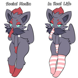 ambiguous_gender anthro anthrofied arm_warmers armwear black_body black_fur blue_eyes clothed clothing eyeshadow fur legwear looking_at_viewer makeup neck_tuft pokemorph red_eyeshadow simple_background smile solo standing stockings tail text thick_thighs thigh_highs tuft white_background evaacii nintendo pokemon generation_5_pokemon pokemon_(species) zorua 1:1 2025 digital_media_(artwork) english_text hi_res