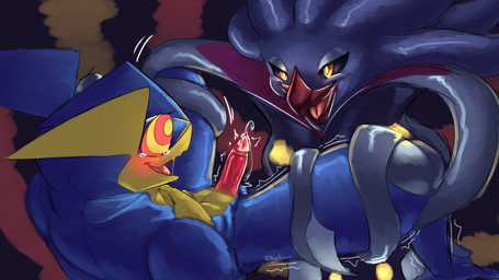 anthro beak black_sclera blue_body blue_fur bodily_fluids duo erection forced fur genital_fluids genitals hypnosis leaking_precum male mind_control open_beak open_mouth orgasm_denial penis pink_tongue precum red_penis ringed_eyes shaking shaking_legs smile spread_legs spreading submissive submissive_anthro submissive_male tentacles text throbbing throbbing_penis tongue trembling yellow_body yellow_eyes yellow_fur shoomka nintendo pokemon blu_(shoomka) generation_6_pokemon greninja malamar pokemon_(species) 16:9 2026 english_description hi_res widescreen