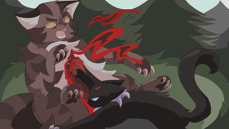 ambiguous_gender attack black_body black_fur blood bodily_fluids brown_body brown_fur collar detailed_background duo evergreen_tree feral fur gore grass imminent_death pine_tree plant purple_collar tree bloowolfy warriors_(book_series) scourge_(warriors) tigerstar_(the_prophecies_begin) domestic_cat felid feline felis mammal 16:9 hi_res widescreen