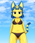 anthro bikini black_bikini black_bikini_bottom black_bikini_top black_clothing black_eyes black_swimwear blue_ears blue_hair blue_sky blue_tail breasts butt butt_from_the_front clothed clothing cloud collarbone female front_view fur hair humanoid_face midriff navel sky solo swimwear tail two-piece_swimsuit two_tone_tail yellow_body yellow_breasts yellow_fur yellow_inner_ear yellow_tail sum animal_crossing nintendo ankha_(animal_crossing) domestic_cat felid feline felis mammal 2022 hi_res