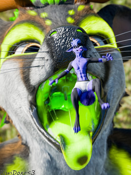 anthro blue_eyes blue_nose bodily_fluids close-up clothed clothing drooling duo falling femboy fur glowing glowing_mouth glowing_nose green_mouth hair imminent_vore male male/male mouth_shot open_mouth oral_vore purple_body purple_fur purple_hair role_reversal saliva size_difference soft_vore teeth throat tongue tongue_out underwear underwear_only uvula vore kiwidox kitsunaki kiwidox_(character) canid canine deer fox mammal 2024 3:4 3d_(artwork) digital_media_(artwork) hi_res