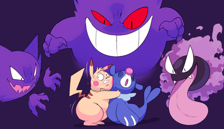 4_fingers ambiguous_gender back_markings big_tongue black_nose bleh bodily_fluids bow_(feature) bow_tie dipstick_ears ear_markings fingers fur group head_tuft long_tongue markings multicolored_ears noseless pink_nose purple_background purple_body red_cheeks red_eyes scared simple_background spiral spiral_eyes sweat tongue tongue_out tuft wide_tongue yellow_body yellow_fur conditional_dnp erobos nintendo pokemon aquatic gastly generation_1_pokemon generation_7_pokemon gengar haunter mammal pikachu pinniped pokemon_(species) popplio 2016