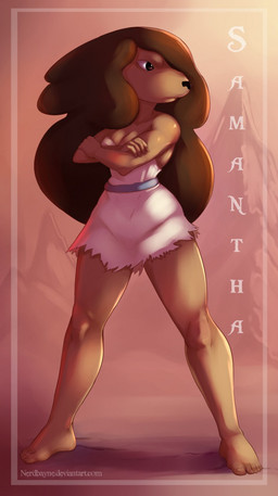 anthro blue_sash breasts brown_body brown_fur brown_hair brown_skin clothed clothed_anthro clothed_female clothing crossed_arms detailed_background dress female fur hair long_hair looking_away minimumrage mountain neutral_expression one_eye_obstructed poofy_hair solo torn_clothing torn_dress white_clothing white_dress adventure_time cartoon_network samantha_(adventure_time) canid canine canis domestic_dog mammal hi_res