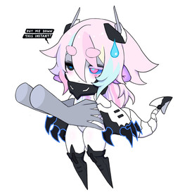 ambiguous_gender anime_style black_claws black_eyes black_eyeshadow blue_body blue_pupils blue_scales blush blush_lines bodily_fluids chibi claws duo eyebrows eyelashes eyeshadow finger_claws hair heterochromia jitome machine makeup mechanical_tail mole_under_mouth not_furry pink_eyelashes pink_eyes pink_hair pupils purple_ears rib_cage scales spade_tail sweat sweatdrop tail thick_eyebrows white_body white_skin houndeater bug_(houndeater) human humanoid mammal robot hi_res