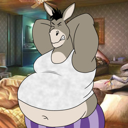 anthro arms_bent baseboard bed bedroom belly big_belly black_eyebrows black_mane bottomwear ceiling ceiling_fan clenched_teeth clothed clothed_anthro clothed_male clothing electric_fan eyebrows eyes_closed fully_clothed fully_clothed_anthro fully_clothed_male fur furniture grey_body grey_clothing grey_fur grey_shirt grey_tank_top grey_topwear grey_wall hands_behind_head inside long_ears male male_anthro mane midriff mirror moobs multicolored_body multicolored_fur navel obese obese_anthro obese_male overweight overweight_anthro overweight_male pants pattern_bottomwear pattern_clothing pattern_pants pattern_wall photo_background picture_frame purple_bottomwear purple_clothing purple_pants shirt short_mane solo standing stretching striped_bottomwear striped_clothing striped_pants stripes table tan_blanket tank_top teeth topwear two_tone_body two_tone_fur wall_(structure) wolfox90210 dreamworks shrek_(series) donkey_(shrek) asinus donkey equid equine mammal 1:1 2023 digital_drawing_(artwork) digital_media_(artwork) english_description flat_colors half-length_portrait hi_res photography_(artwork) portrait