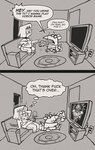 american_opossum anthro canid canine canis comic console controller dialogue domestic_dog duo electronics english_text furniture galactabee game_controller gaming greyscale hi_res larry_(galactabee) male mammal marsupial monochrome nikki_(galactabee) profanity relieved sofa television text