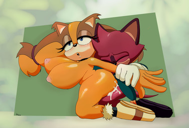 anthro arm_pull big_breasts blue_eyes bodily_fluids breasts clothing cum cum_inside duo eyelashes eyes_closed female footwear footwear_only genital_fluids gloves green_background handwear looking_pleasured male male/female mostly_nude narrowed_eyes nipples nude nude_female orange_body pink_nipples red_body sex shirt shoes shoes_only simple_background tail topwear caminacarro4000 sega sonic_boom sonic_the_hedgehog_(series) the_murder_of_sonic_the_hedgehog barry_(sonic) sticks_the_jungle_badger badger macropod mammal marsupial mustelid musteline quokka absurd_res hi_res