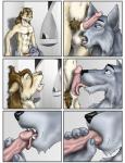 5_fingers abs amber_eyes anthro ball_suck balls biceps black_nose blue_eyes brown_hair canid canine canis cheek_tuft chest_tuft claws comic digital_media_(artwork) duo erection facial_tuft felid fellatio fingers fur genitals glans grey_body grey_claws grey_fur hair half-closed_eyes hitting_the_showers humanoid_genitalia humanoid_hands humanoid_penis licking lion looking_up male male/male male_penetrated male_penetrating male_penetrating_male mammal monochrome muscular narrowed_eyes nipples nude oral oral_penetration pantherine pecs penetration penile penis penis_lick pink_nipples pink_penis pubes purple_nose sex sucking tan_balls tongue tongue_out tuft vein veiny_penis wet wolf wooky