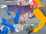 angry anthro blue_body duo fur gambling male space text yellow_body yellow_fur nastyfr nintendo star_fox falco_lombardi fox_mccloud avian bird canid canine fox galliform mammal phasianid english_text hi_res