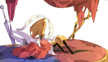 2_horns ambiguous/ambiguous ambiguous_gender anthro arthropod_webbing bed black_arms black_body black_legs blue_sheets bottomless bottomless_anthro bound canopy_bed cloak clothed clothing duo feather_tuft feathers furniture hand_on_head horn hornet's_needle hug kissing lying lying_on_bed machine melee_weapon metallic_body on_bed red_cloak red_clothing red_curtains red_sheets scissors simple_background sword tuft weapon web_bondage white_background white_cloak white_clothing white_eyes white_head yellow_body yellow_head oxide_cat hollow_knight:_silksong hollow_knight_(franchise) team_cherry hornet_(hollow_knight) second_sentinel arachnid arthropod robot robot_anthro spider 2025 digital_media_(artwork) hi_res shaded female_(lore) nonbinary_(lore)