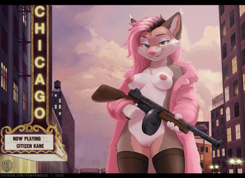 anthro black_bars breasts chicago clothed clothing coat female fur fur_coat genitals gun hair highlights_(coloring) nipple_piercing nipples nude outside piercing pink_hair ranged_weapon solo submachine_gun tan_body tan_fur text thompson_gun topwear vintage vulva weapon pawprincess felid feline lynx mammal absurd_res english_text hi_res letterbox