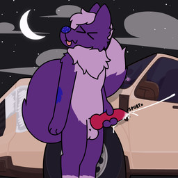 anthro at_night big_ears big_tail bodily_fluids car cum ejaculation fur genital_fluids knot leaking_cum leaning_on_object male masturbation neck_tuft outside_sex purple_body purple_fur sex solo standing tail tuft vehicle doug_polaris ford ford_maverick unknown_purple taidum 1:1 absurd_res hi_res