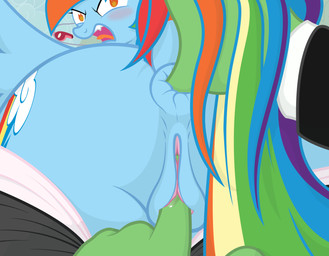 ambiguous_gender anal anal_fingering angry anus bestiality blue_body blue_fur bodily_fluids clothed clothing cutie_mark disembodied_hand duo fangs female feral fingering first_person_view fur genital_fluids genitals hair human_on_feral interspecies looking_at_viewer looking_back multicolored_hair open_mouth rainbow_hair solo_focus teeth thumb_in_ass tongue vaginal vaginal_fingering vaginal_fluids vulva facelessjr friendship_is_magic hasbro my_little_pony anon rainbow_dash_(mlp) equid equine horse human mammal pony hi_res
