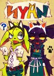 :d anthro apron black_body black_fur blue_eyes blush chest_tuft clothing cute_fangs duo fake_cat_ears fake_ears fangs fluffy fluffy_tail footprint fur gloves green_body green_eyes green_fur half-closed_eyes handwear kemono looking_at_viewer looking_away narrowed_eyes open_mouth orange_eyes paw_pose pawprint pose pupils smile tail teeth text tuft young dinogaize lucas_(dinogaize) mighty_(dinogaize) 2015 hi_res