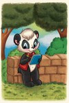 anthro book bow_(feature) clothing grass male pencil plant shrub solo topwear tree vest marinaneira bear giant_panda mammal