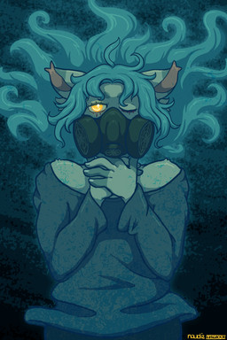 ambiguous_gender anthro bangs bodily_fluids clothing crying gas_mask hair holding_neck long_hair mask one_eye_closed shirt side_bangs solo tears topwear underwater water naudiz_(artist) domestic_cat felid feline felis mammal 2:3 absurd_res hi_res nonbinary_(lore)