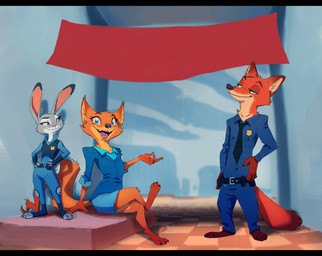 3_toes anthro armwear barefoot belt big_ears blue_eyes bottomwear cheek_tuft clothing collared_shirt detailed_background dress_shirt elbow_gloves facial_tuft feet female fingerless_gloves fluffy footwear gloves gloves_(marking) green_eyes group handwear knee_pads long_ears long_sleeve_shirt long_tail looking_at_another looking_at_viewer looking_up male markings open_mouth open_smile pants pointy_ears police_badge purple_eyes shirt shoes short_tail sitting skirt smile snout standing tail toeless_footwear toeless_shoes toes topwear trio tuft vest ruffu disney zootopia judy_hopps megan_fawkes nick_wilde canid canine fox lagomorph leporid mammal rabbit digital_drawing_(artwork) digital_media_(artwork) unfinished