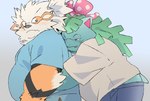 anthro anthrofied belly black_nose blue_body blush bottomwear clothing duo hug hugging_another hugging_from_behind kemono male orange_body overweight overweight_male pants shirt simple_background topwear inunoshippo nintendo pokemon arcanine generation_1_pokemon pokemon_(species) venusaur 2024 hi_res