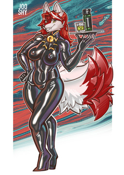 anthro black_bodysuit black_clothing black_latex black_skinsuit bodysuit breasts clothed clothed_anthro clothed_female clothing container cup drinking_glass female fluffy fluffy_tail fur glass glass_container glass_cup green_eyes hair latex latex_bodysuit latex_clothing latex_skinsuit long_hair looking_at_viewer multi_tail multicolored_body multicolored_fur nipple_outline red_body red_fur red_hair serving_tray skinsuit solo tail tight_clothing two_tone_body two_tone_fur white_body white_fur jooshy canid canine fox mammal 2025 hi_res