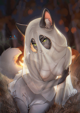 anthro areola biped breasts claws clothing costume countershade_torso countershading female finger_claws fingers front_view fur green_eyes grey_body grey_fur grey_tail hair looking_at_viewer night nipples nude nude_anthro nude_female outside sitting smile solo tail translucent translucent_clothing white_hair lanhai canid canine fox mammal 2025 digital_drawing_(artwork) digital_media_(artwork) hi_res