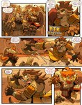 5_fingers 5_toes abs ahoge ankle_wraps anthro armor axe battle_axe bodily_fluids brown_eyebrows brown_eyes brown_hair chest_scar claws clothing dialogue drooling ear_piercing ear_ring eye_scar eyebrows facial_scar feet female female_anthro finger_claws fingerless_gloves fingerpads fingers fur gauntlets_(weapon) gloves group hair handwear jumping linked_speech_bubble male male_anthro name_in_dialogue nipples orange_body orange_fur orange_hair pawpads piercing plantigrade_pawpads prosthetic prosthetic_hand ring_piercing running saliva scar sharp_teeth shield speech_bubble stirrup_footwear tan_body tan_fur teeth text toe_claws toes tongue tongue_out trio weapon_prosthetic wraps wrist_wraps yellow_eyes ceehaz dog_knight_rpg maci_(ceehaz) nix_(ceehaz) canid canine canis domestic_dog herding_dog hyena mammal pastoral_dog pomeranian spitz spotted_hyena welsh_corgi 2025 absurd_res comic english_text hi_res