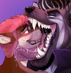 anthro anthro_on_anthro blue_eyes blush bodily_fluids brown_body brown_fur brown_nose clothed clothing duo ears_back fangs fur grin hair head_in_mouth licking licking_another male male/male narrowed_eyes open_mouth pink_tongue pivoted_ears purple_background purple_clothing purple_topwear red_hair saliva saliva_on_face saliva_string simple_background smile sweat sweaty_face tan_body tan_fur teeth text tongue tongue_out topwear uvula white_body white_fur imperatorcaesar shuck canid mammal absurd_res digital_media_(artwork) english_text hi_res