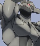 ambiguous_gender anthro armpit_fetish black_body bodily_fluids grey_body open_mouth pecs raised_arm red_sclera simple_background solo sweat sweatdrop teeth on_ice_(artist) nintendo pokemon generation_5_pokemon legendary_pokemon pokemon_(species) zekrom absurd_res hi_res