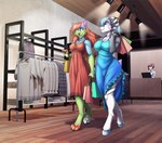 breasts clothes_hanger clothing clothing_store dress duo female female/female shopping shopping_bag store ticl amorous mercy_(amorous) snowshoe canid canine canis domestic_dog felid husky lion mammal nordic_sled_dog pantherine satyr spitz trans_(lore)