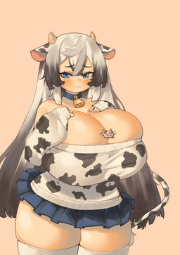 animal_print big_breasts black_hair blue_eyes blush breasts cleavage clothed clothing cow_print female hair hand_on_breast horn huge_breasts huge_thighs hyper hyper_breasts multicolored_hair simple_background smile solo standing tail thick_thighs white_hair pincerpencil animal_humanoid bovid bovid_humanoid bovine bovine_humanoid cattle_humanoid horned_humanoid humanoid mammal mammal_humanoid character_request