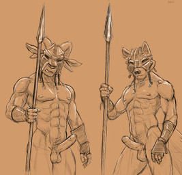 abs anthro armlet armor athletic balls biceps casual_erection casual_nudity duo erection foreskin genitals growling headgear helmet looking_at_viewer male male/male melee_weapon muscular muscular_anthro muscular_male nude nude_anthro nude_male pecs penis polearm pubes spear straps visor warrior weapon marsonaut regorest's_jungle_world bovid canid canine canis caprine goat mammal wolf 2021 sketch