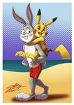 anthro beach carrying_another clothing duo green_clothing green_swimwear male piggyback red_clothing red_swimwear seaside smile swimming swimming_trunks swimwear sagadreams looney_tunes nintendo pokemon warner_brothers bugs_bunny arthropod generation_1_pokemon lagomorph leporid mammal pikachu pokemon_(species) rabbit hi_res