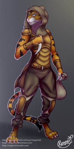 anthro clothing dagger fur knife male melee_weapon solo stripes text weapon reaper3d microsoft the_elder_scrolls felid khajiit mammal pantherine tiger 1:2 2015 absurd_res digital_media_(artwork) hi_res shaded url