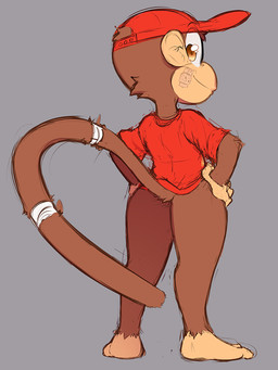 bandage barefoot bottomless brown_body brown_eyes brown_fur butt clothed clothing feet fur hat headgear headwear looking_back male smile solo 0r0ch1 donkey_kong_(series) nintendo diddy_kong haplorhine mammal monkey primate 2019