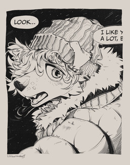 air_puff ambiguous_gender anthro beanie clothing coat dialogue hair hair_over_eye hat headgear headwear looking_at_viewer parka snow solo speech_bubble topwear littlearrowdog canid canine canis domestic_dog mammal hi_res monochrome