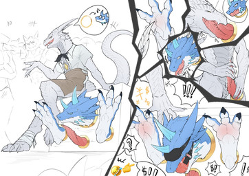 2_horns 3_toes animal_genitalia animal_penis anthro apron ball_gag bdsm blindfold blue_body bodily_fluids bondage bound box cetacean_genitalia cetacean_penis clenched_teeth clothing container container_bondage digitigrade drooling duo erection exclamation_point eyes_closed feathers feet fellatio flustered foot_grab gag genitals grinding horn humiliation laugh male male/male non-euclidean_sex on_box open_mouth oral oral_penetration penetration penile penis portal portal_sex public public_use ridged_penis saliva sex shirt sweat tapering_penis teeth thinking_with_portals through_wall tickling tickling_feet toes topwear white_body white_clothing white_shirt white_topwear horizon_(artist) mythology alrtoca fred_whitedragon dragon mythological_creature mythological_scalie scalie comic