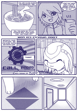 :3 ^_^ ^w^ anthro beverage border container cup detailed_background dialogue door duo eyes_closed facial_markings feet food forehead_markings grin hair head_markings hindpaw holding_beverage holding_object kemono machine male male_anthro male_human markings noodles open_mouth open_smile paws ramen smile speech_bubble steam teeth text white_border cyyeun xen_(series) switch_(xen) human mammal robot robot_anthro 2007 blue_and_white blue_monochrome comic dated english_text monochrome