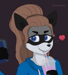 ambiguous_gender anthro beverage clothing container cup drinking drinking_straw duo electronics female heart_symbol hoodie phone selfie smile solo_focus topwear stoopedhooy grimace_shake mcdonald's fan_character melody_(raccoon) mammal procyonid raccoon hi_res meme