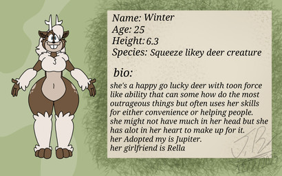anthro antlers blue_eyes breasts brown_body brown_fur buckteeth eyelashes featureless_breasts featureless_crotch feet female fingers fluffy fur hair horn looking_at_viewer navel nude simple_background smile solo standing teeth text thick_thighs toes white_body white_fur wide_hips jayme_universe winter_(jayme_universe) deer mammal new_world_deer reindeer character_name digital_media_(artwork) english_text hi_res model_sheet