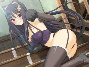 accessory armwear big_breasts black_hair blush bra breasts bustier cleavage clothed clothing cross elbow_gloves female footwear garter_belt garter_straps gloves hair hair_accessory handwear high_heels inverted_cross latin_cross legwear lingerie long_hair looking_at_viewer lying on_side panties paw_gloves paw_pose paws pose red_eyes shoes smile solo stairs stockings thigh_highs underwear nekonyan kono_aozora_ni_yakusoku_wo asakura_naoko animal_humanoid cat_humanoid felid felid_humanoid feline feline_humanoid humanoid mammal mammal_humanoid 4:3 hi_res wallpaper