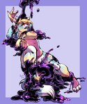 anthro barefoot biped blush border breasts claws clitoris feet female genitals nipples penetration purple_background purple_border pussy sex simple_background solo tentacle_sex tentacles toe_claws vaginal vaginal_penetration candy.yeen canid canine goo_creature mammal 2022 absurd_res character_request hi_res