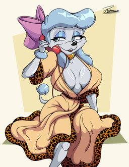 animal_print anthro bathrobe big_breasts bow_ribbon breasts clothed clothing coat electronics female flirting fully_clothed fur grey_body grey_fur half-closed_eyes holding_object inner_boob jewelry leopard_print makeup narrowed_eyes necklace phone robe simple_background sitting smile smirk solo tail teeth topwear reymonrr disney oliver_and_company georgette_(disney) canid canine canis domestic_dog mammal poodle absurd_res hi_res portrait three-quarter_portrait