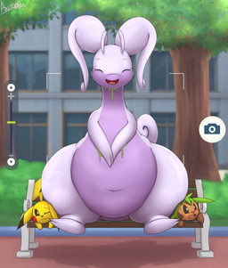 ambiguous_gender bench camera female feral group huge_thighs navel non-mammal_navel open_mouth pokemorph sitting sitting_on_another size_difference slime solo_focus teeth thick_thighs trio wide_hips an-tonio mythology nintendo pokemon pokemon_legends_z-a chespin dragon generation_1_pokemon generation_6_pokemon goodra mythological_creature mythological_scalie pikachu pokemon_(species) scalie absurd_res digital_media_(artwork) hi_res