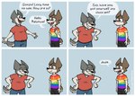 4_panel_comic anthro biped blue_body blue_fur brown_body brown_fur clothing countershade_fur countershading duo eye_contact fur lgbt_pride looking_at_another male multicolored_clothing multicolored_shirt multicolored_t-shirt multicolored_topwear overweight overweight_anthro overweight_male pride_color_clothing pride_color_shirt pride_color_t-shirt pride_color_topwear pride_colors rainbow_pride_colors shirt six-stripe_rainbow_pride_colors slim_anthro slim_male speech_bubble standing stated_homosexuality stated_sexuality t-shirt topwear white_body white_countershading chanderdeerfox canid canine canis mammal wolf 2024 hi_res