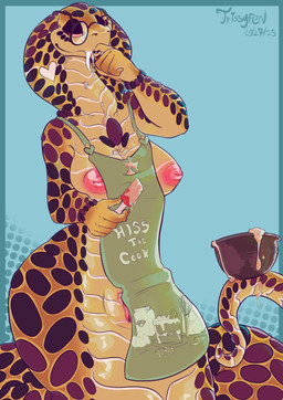 anthro apode apron apron_only batter bedroom_eyes big_breasts bowl breasts cake_batter clothing container eyewear fangs female finger_in_mouth finger_suck genitals glasses holding_object kitchen_utensils legless narrowed_eyes nipple_slip nipples scales seductive serpentine solo spatula sucking teeth tools vulva vulva_slip trissyfen amber_(trissyfen) draconcopode naga reptile scalie snake absurd_res hi_res